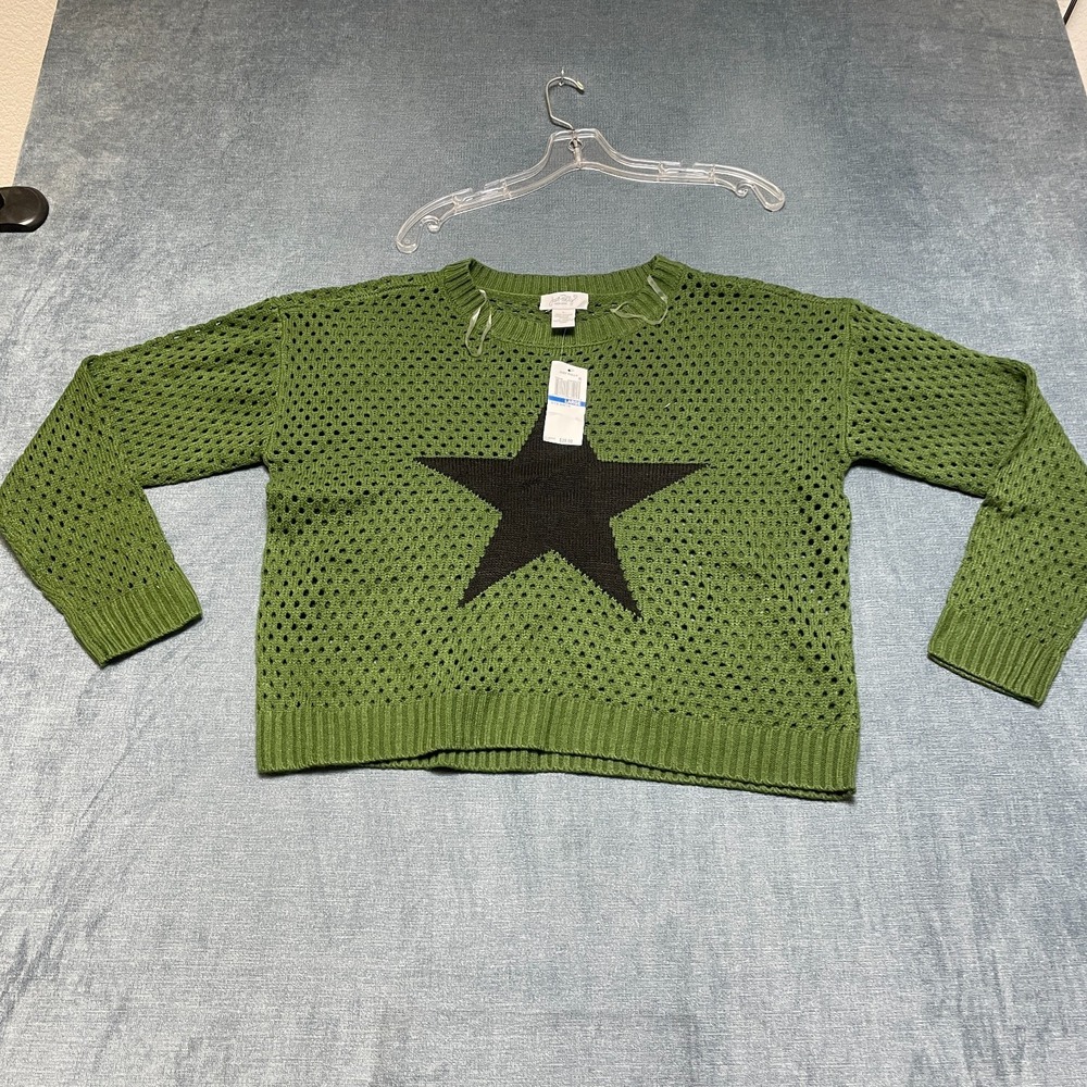Just Polly Mesh Star Sweater Womens Large Olive Green Open Knit Long Sleeve